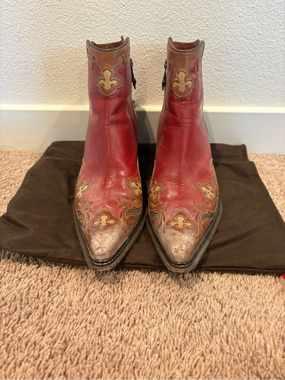 Donald J Pliner Western Couture Red Brown Leather Fleur de Lis Boots 11M - Picture 1 of 6
